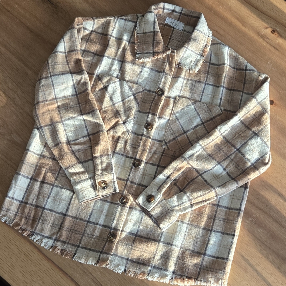 Sage The Label Plaid Shacket Jacket | Size XS | Button Front Frayed Hem